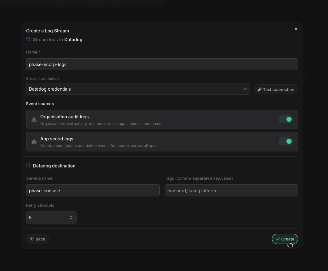 Create a Log Stream dialog with credentials, event sources and Datadog destination options